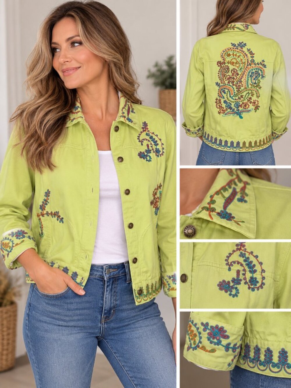 Coldwater Creek XL Embroidered Lime Green Cotton Jacket Boho Paisley